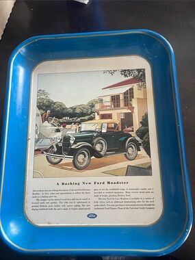 Ford Blue-Trim Metal Advertising Tray with Roadster Illustration